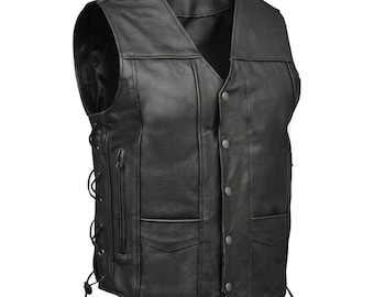 Chaleco de cuero para motociclista estilo club para hombre - Chaleco de montar con cordones laterales ajustables