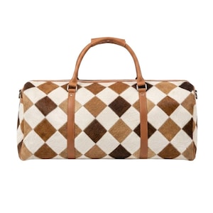 Handmade Patchwork Cowhide Leather Diamond Pattern Travel Duffle  Bag