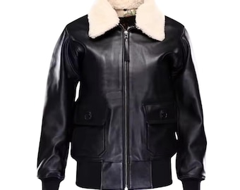 Chaqueta bomber de cuero negro para mujer – Cuello de piel sintética desmontable, prenda de abrigo de invierno
