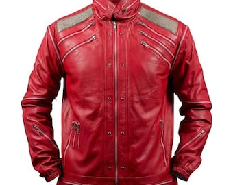 Chaqueta de cuero roja estilo motero Michael Beat It para hombre / Chaqueta tributo a MJ estilo concierto