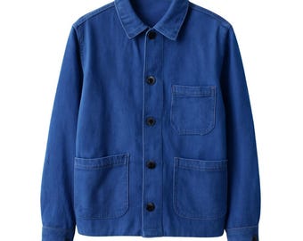Chaqueta de trabajo francesa de lona vaquera azul estilo años 60, hecha a mano - Estilo utilitario para exteriores