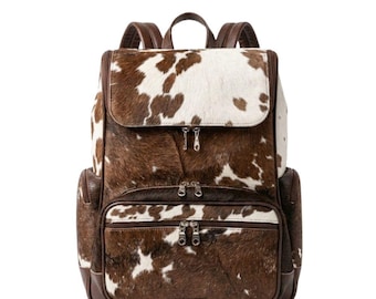 Mochila de piel de vaca hecha a mano – Mochila estilo western con pelo blanco y marrón