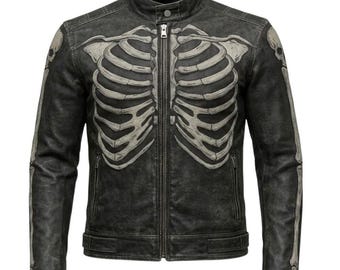 Chaqueta de cuero desgastada con calavera para hombre - Chaqueta estilo punk con calavera para Halloween
