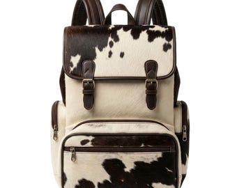 Mochila de piel de vaca hecha a mano – Estilo rústico occidental con pelo en blanco y marrón para uso diario
