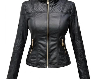 Chaqueta de motociclista acolchada de cuero auténtico para mujer – Chaqueta vintage hecha a mano