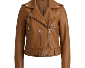 Chaqueta de motociclista de cuero auténtico marrón tostado para mujer – Chaqueta de motociclista con cremallera asimétrica hecha a mano