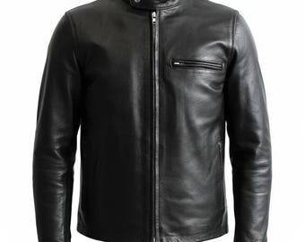 Chaqueta de motociclista de cuero negro desgastado para hombre, estilo Cafe Racer.
