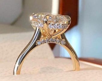 Anillo de compromiso de oro macizo de 14 quilates con diamantes cultivados en laboratorio de talla ovalada de 2 quilates, anillo de diamantes simulados con halo oculto, anillo de promesa de aniversario para mujer.