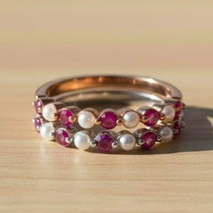 Freshwater Pearl and Ruby Wedding Band 14k Solid Gold Half Eternity Stacking Minimalist Delicate Dainty Bridal And July Birthstone Ring gift