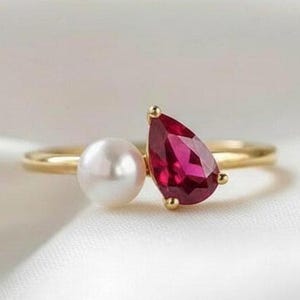 Ruby Pearl Two Stone Ring, 14k Gold Antique Stacking Ring