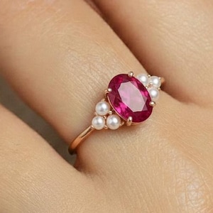 Oval Ruby 14k Rose Gold Ring, Natural Pearl Accent
