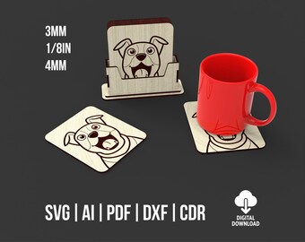 Paquete de posavasos con diseño de perro, archivos SVG y DXF para cortar con láser.
