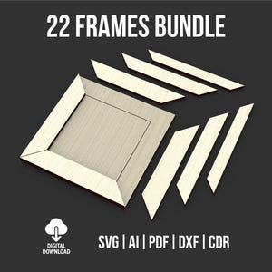 May include: A collection of 22 light wood-coloured frames, presented on a dark grey backdrop. The frames are in different shapes and sizes, with the text "22 FRAMES BUNDLE" at the top. The image also includes "DIGITAL DOWNLOAD" and file type abbreviations.