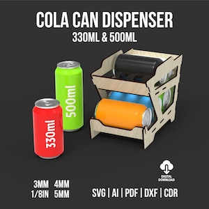 May include: A wooden cola can dispenser with three levels, holding various colored cans. The dispenser is designed to hold 330ml and 500ml cans. The image also includes the text "COLA CAN DISPENSER" and "DIGITAL DOWNLOAD".