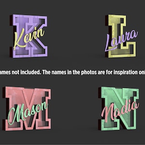 May include: Four 3D wooden letter name signs in purple, gold, coral, and green. Each letter has a contrasting color name overlay. The text on the image says "Names not included. The names in the photos are for inspiration only."