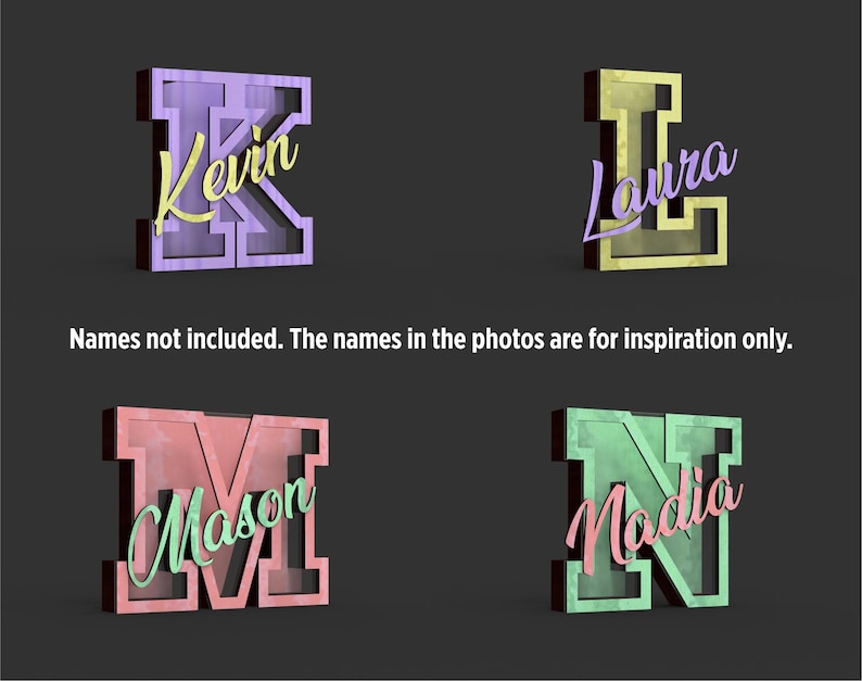 May include: Four 3D wooden letter name signs in purple, gold, coral, and green. Each letter has a contrasting color name overlay. The text on the image says "Names not included. The names in the photos are for inspiration only."