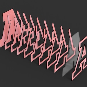 May include: A series of stylized, pink letter "A" cutouts arranged in a diagonal row. The letters have a layered effect, with some appearing translucent. The background is a solid dark gray.