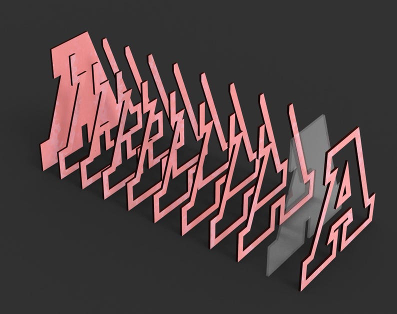 May include: A series of stylized, pink letter "A" cutouts arranged in a diagonal row. The letters have a layered effect, with some appearing translucent. The background is a solid dark gray.