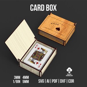 May include: Wooden card box with a lid featuring a spade suit and playing card design. The open box reveals a deck of cards with a King of Diamonds card visible. The text "CARD BOX" is at the top. The box is available in 3mm, 4mm, 1/8in, and 5mm sizes.