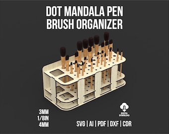 Paint Brush & Dot Mandala Pen Holder SVG and DXF Files For Laser Cut | Desktop Organizer Laser Cutting Files | Makeup Holder