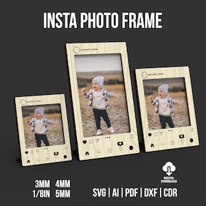 May include: Three wooden Insta photo frames of varying sizes, each with a picture of a child. The frames are light-colored with dark brown edges and feature Instagram-style icons. The text "INSTA PHOTO FRAME" is at the top.