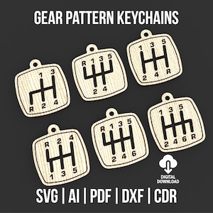 May include: Wooden gear pattern keychains with a light wood grain finish. Each keychain features a gear shift pattern with numbers and letters. The image includes the text "GEAR PATTERN KEYCHAINS" and file type options.