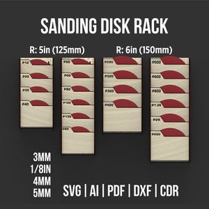 Puede incluir: Un estante para discos de lijado con el texto "SANDING DISK RACK". El estante está dividido en secciones para discos de lijado de 125 mm y 150 mm. La imagen también incluye opciones de formato de archivo: SVG, AI, PDF, DXF y CDR.