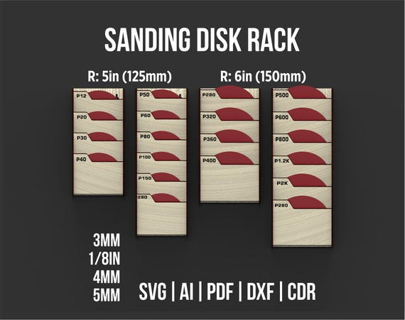 Sanding Disc Holder Rack Svg and Dxf Files For Laser Cut, Sandpaper Storage For Workshops - R125mm (5in) and R150mm (6in)