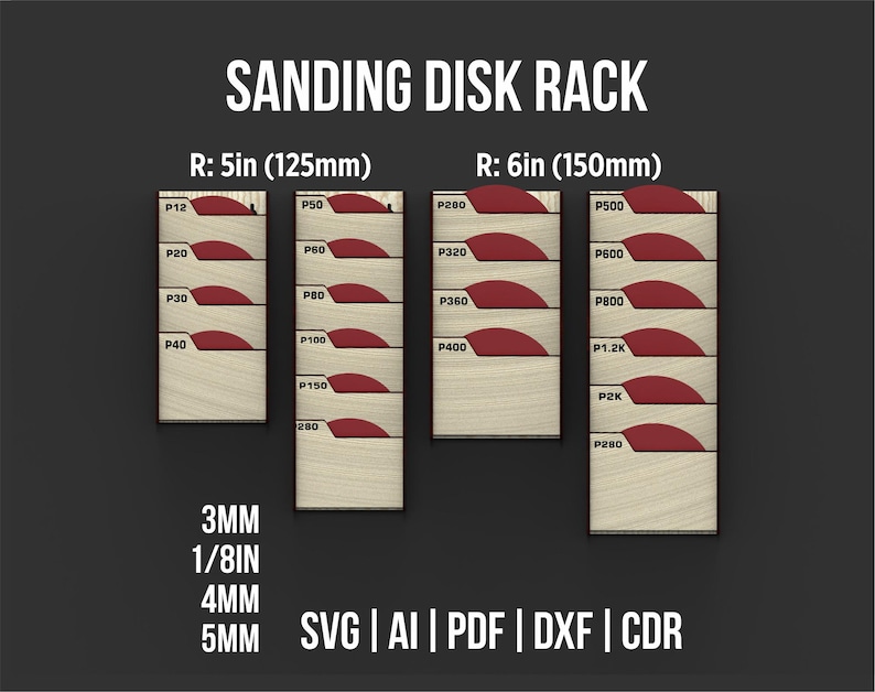 Puede incluir: Un estante para discos de lijado con el texto "SANDING DISK RACK". El estante est&aacute; dividido en secciones para discos de lijado de 125 mm y 150 mm. La imagen tambi&eacute;n incluye opciones de formato de archivo: SVG, AI, PDF, DXF y CDR.