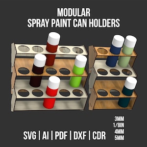 以下が含まれることがあります： 明るい木材で作られたモジュラー式スプレーペイント缶ホルダー。カラフルなスプレーペイント缶を保持します。ホルダーはモジュール式で、3mm、1/8in、4mm、5mmの厚さがあります。画像には、SVG、AI、PDF、DXF、CDRのファイル形式も含まれています。