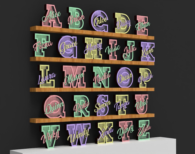 May include: A display of colorful, illuminated wooden letters, each with a name, arranged on wooden shelves. The letters are in various pastel colors, including pink, green, and yellow. The names are written in a cursive font.
