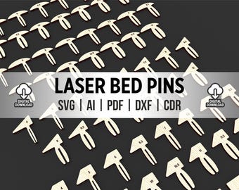 May include: A collection of light-colored wooden laser bed pins, each labeled with a number, arranged on a dark gray surface. The text "LASER BED PINS" is displayed with file format options: SVG, AI, PDF, DXF, and CDR. A digital download icon is also present.
