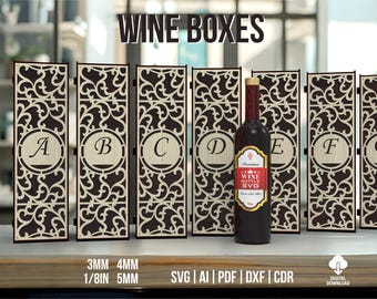 Elegant Wine Boxes Svg And Dxf Files For Laser Cut, A to Z All Letters Included Decorative Boxes Digital Download Files