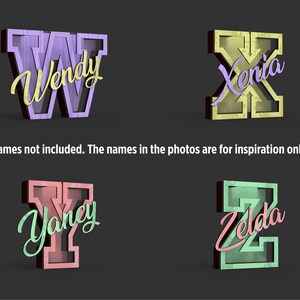 May include: Four 3D wooden letter and name combinations in various colors. The letters are in a block style, with the names in a cursive font. The image includes the text: "Names not included. The names in the photos are for inspiration only."