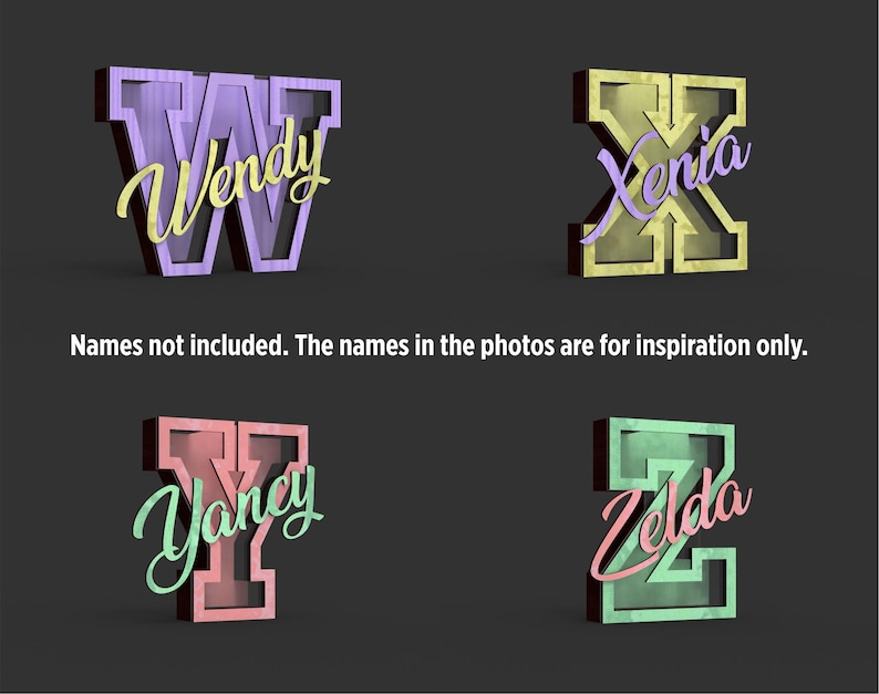May include: Four 3D wooden letter and name combinations in various colors. The letters are in a block style, with the names in a cursive font. The image includes the text: "Names not included. The names in the photos are for inspiration only."