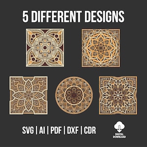 Può includere: Cinque diversi design mandala nei toni del marrone, beige e oro sono mostrati su uno sfondo grigio scuro. I design includono forme quadrate e circolari con motivi intricati. Il testo in alto recita "5 DIFFERENT DESIGNS". Opzioni file: SVG, AI, PDF, DXF, CDR.