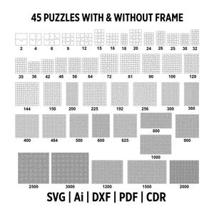 May include: A graphic showing 45 puzzles with and without frames, ranging from 2 to 3000 pieces. The image includes the text "45 PUZZLES WITH & WITHOUT FRAME" and file type options: SVG, Ai, DXF, PDF, and CDR.