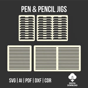 Könnte beinhalten: Eine digitale Download-Grafik mit dem Text "PEN & PENCIL JIGS" in Weiß. Das Bild zeigt vier beige rechteckige Vorlagen mit horizontalen und vertikalen Ausschnittmustern. Darunter befinden sich Dateiformatoptionen: SVG, AI, PDF, DXF und CDR. Ein digitales Download-Symbol ist ebenfalls vorhanden.