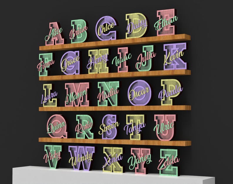 May include: Wooden shelves displaying colorful, 3D letter cutouts, each with a name. The letters are in various pastel colors, with names in cursive script. The shelves are brown, set against a dark gray background.