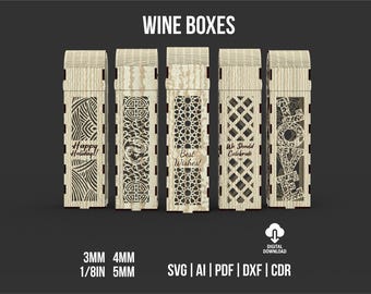Wine Boxes Svg And Dxf Files For Laser Cut, 5 Different Decorative Boxes Digital Download Files