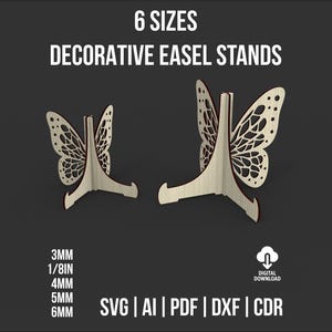 Puede incluir: Dos caballetes decorativos de madera con diseños de alas de mariposa. La imagen incluye el texto "6 TAMAÑOS DE SOPORTES DE CABALLETE DECORATIVOS" y enumera los tamaños en pulgadas y milímetros. La imagen también incluye el texto "DESCARGA DIGITAL".