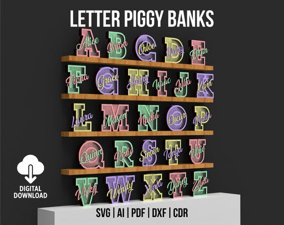 Letter piggy Banks Svg and Dxf Files For Laser Cut, Customizable Money Boxes, Alphabet Piggy Bank Box, Saving Boxes Digital Download