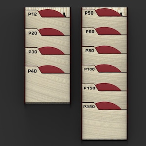 Puede incluir: Dos organizadores de madera con detalles rojos y etiquetas. El organizador izquierdo tiene las etiquetas P12, P20, P30 y P40. El organizador derecho tiene las etiquetas P50, P60, P80, P100, P150 y P280. Sobre fondo gris oscuro.