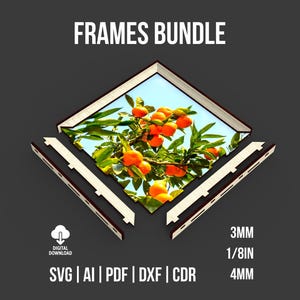 Pode incluir: Um pacote de download digital de molduras com o texto "FRAMES BUNDLE". As molduras são mostradas montadas em torno de uma imagem de laranjas em uma árvore. O pacote inclui arquivos SVG, AI, PDF, DXF e CDR. Medidas: 3 mm, 3,18 mm e 4 mm.
