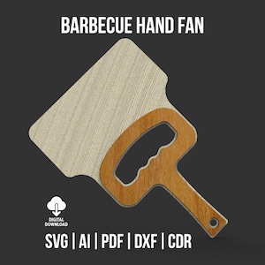 Puede incluir: Un ventilador de mano de barbacoa de madera con un ventilador de veta de madera clara y un mango de veta de madera más oscura. El texto "BARBECUE HAND FAN" está en la parte superior. Debajo del ventilador hay un icono de descarga digital y el texto "SVG | AI | PDF | DXF | CDR".