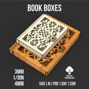 May include: Two decorative wooden book boxes. The top box is light-coloured with an intricate cutout design on the lid. The bottom box is a darker wood with a similar cutout design. The text "BOOK BOXES" is at the top.