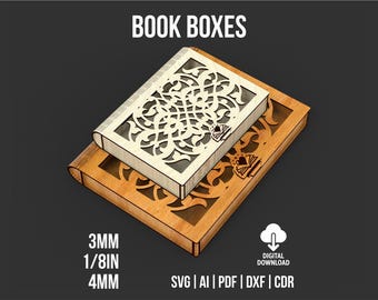 Book Boxes Svg And Dxf Files For Laser Cut Machines, Wooden Book Box Storage Digital Download Files, Book Stash And Memory Box