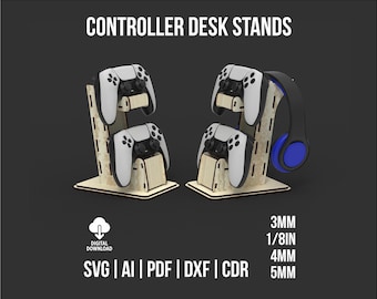 Soporte de escritorio para dos mandos con soporte para auriculares (archivos SVG y DXF para corte láser)