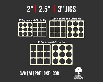 Op de afbeelding: Digitale download van vierkante en cirkelvormige mallen in de maten 5 cm, 6,35 cm en 7,6 cm. De afbeelding toont verschillende malontwerpen, waaronder vierkante en cirkelvormige patronen. Bestandsformaten zijn SVG, AI, PDF, DXF en CDR. De achtergrond is donkergrijs.