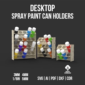 以下が含まれることがあります： 木製の卓上スプレーペイント缶ホルダー3つ。それぞれに複数の円形の開口部があり、ペイント缶を収納できます。ホルダーにはさまざまな色のスプレーペイント缶が入っています。画像には「DESKTOP SPRAY PAINT CAN HOLDERS」と書かれています。